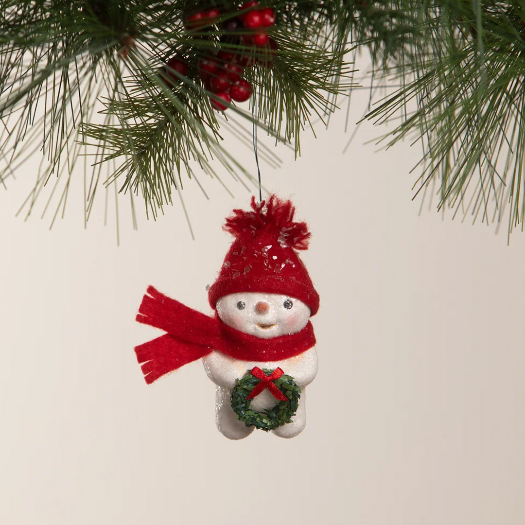 Snowman with Wreath Ornament by Michelle Allen front lifestyle