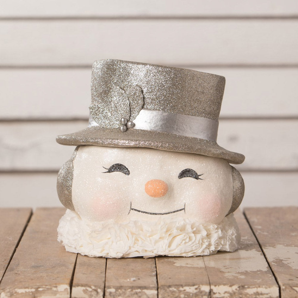 Happy Platinum Snowman Paper Mache Bucket Large front style