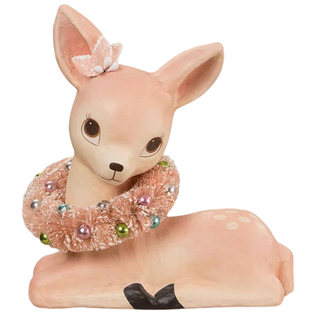 Sweet Pastel Pink Fawn Wreath Paper Mache Figurine by Bethany Lowe front