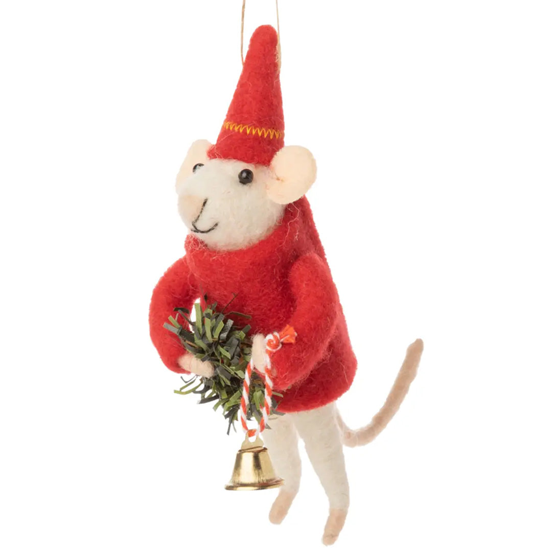 Silver Tree Home and Holiday Mouse Red Sweater Holding Bell Felt Ornament