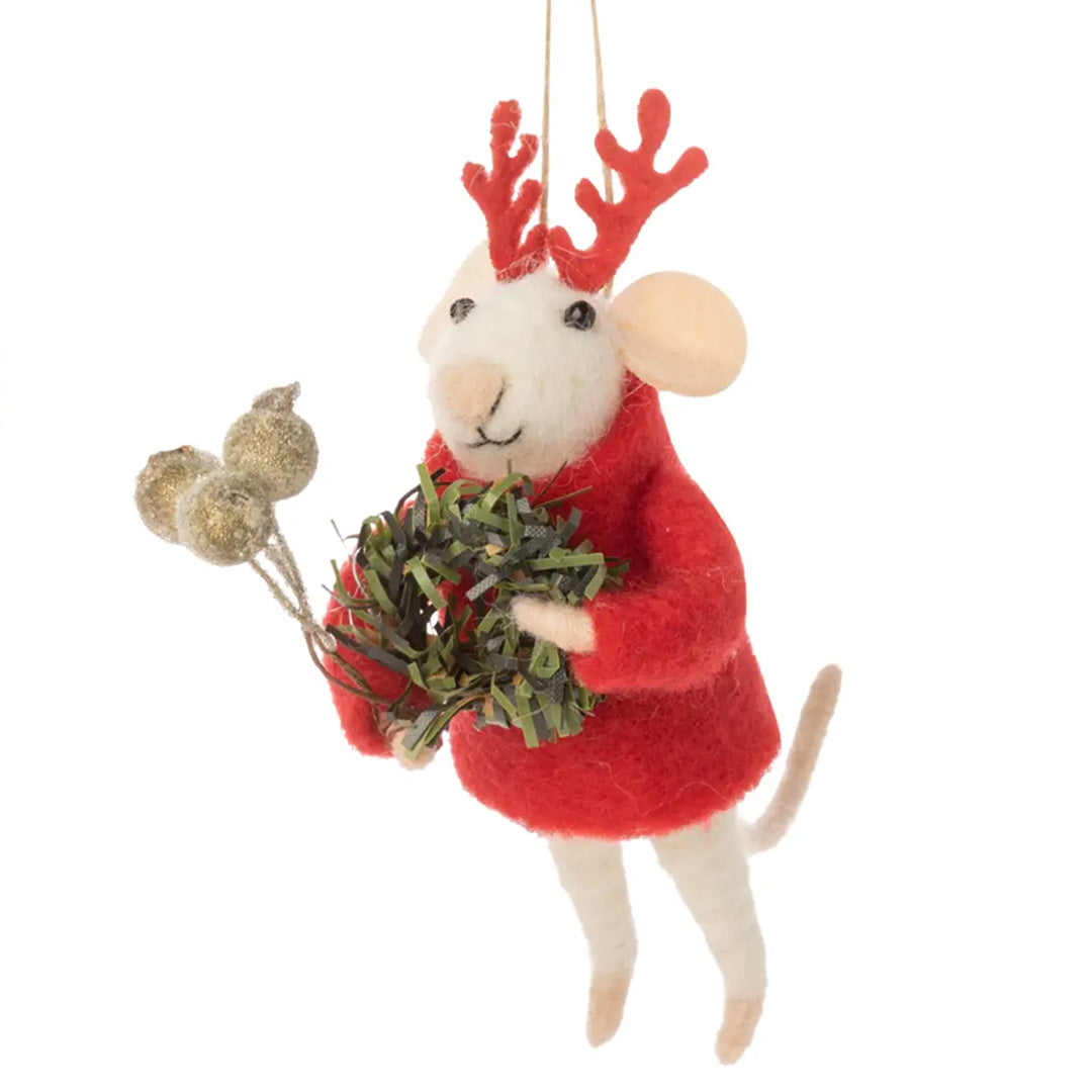 Silver Tree Home and Holiday Mouse Red Sweater Holding Wreath Felt Ornament