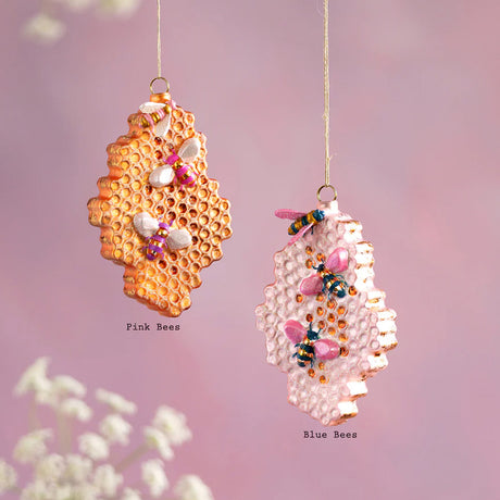 Glitterville Honey Comb Bee Ornament Pink Bees