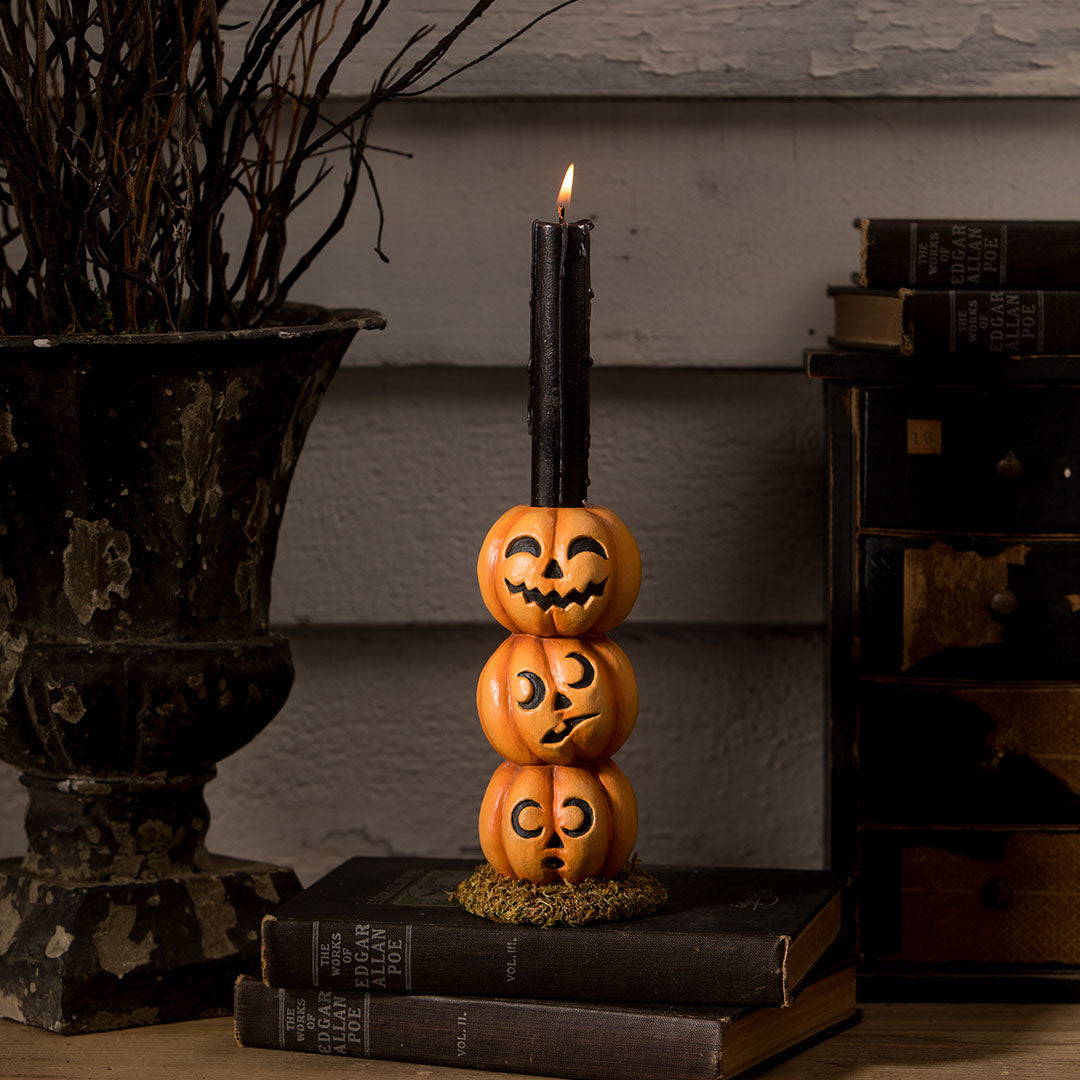 Bethany Lowe Pumpkin Stack Candlestick front life style