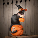 Bethany Lowe Black Cat Witch On Pumpkin front lifestyle lighted