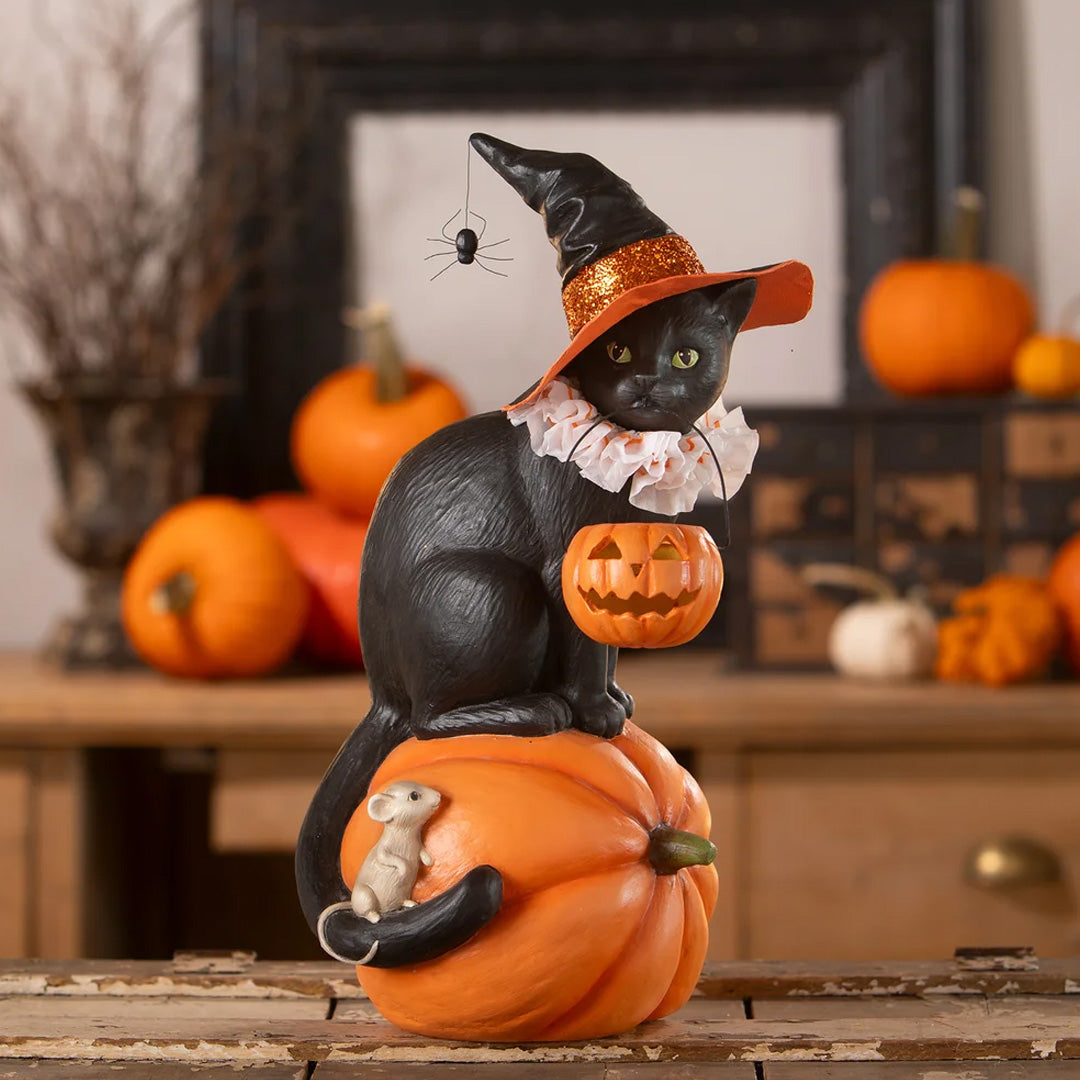 Bethany Lowe Black Cat Witch On Pumpkin lifestyle