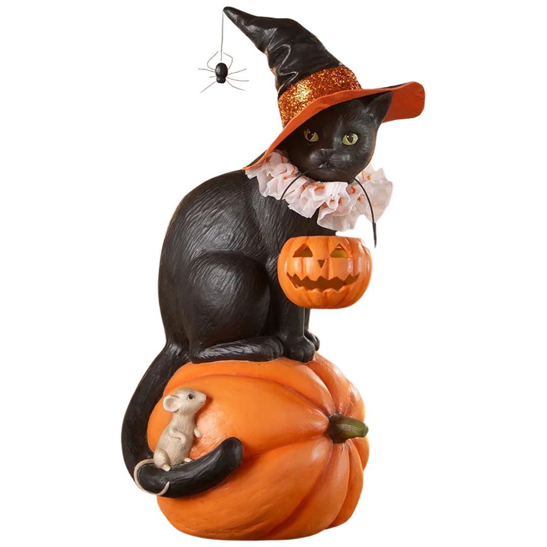 Bethany Lowe Black Cat Witch On Pumpkin front