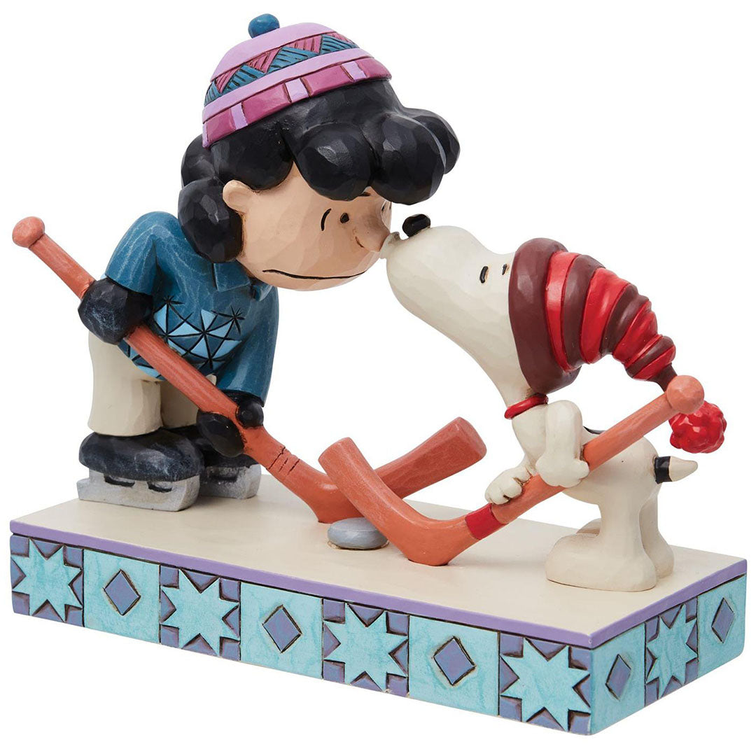 Jim Shore Snoopy and Lucy playing Hockey side