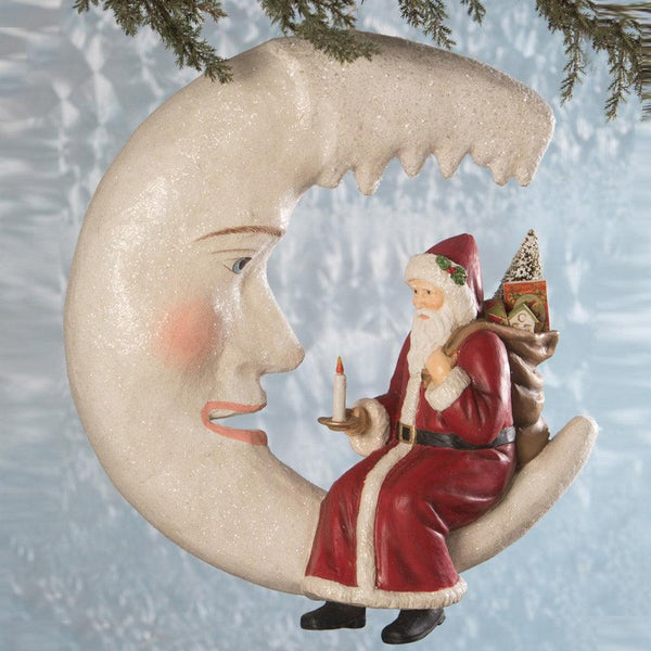 High quality Bethany Lowe Retired Ornament white Crescent moon with Belsnickle Santa